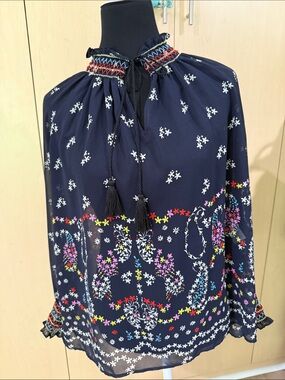 Boho Navy Floral Smocked Neck Blouse